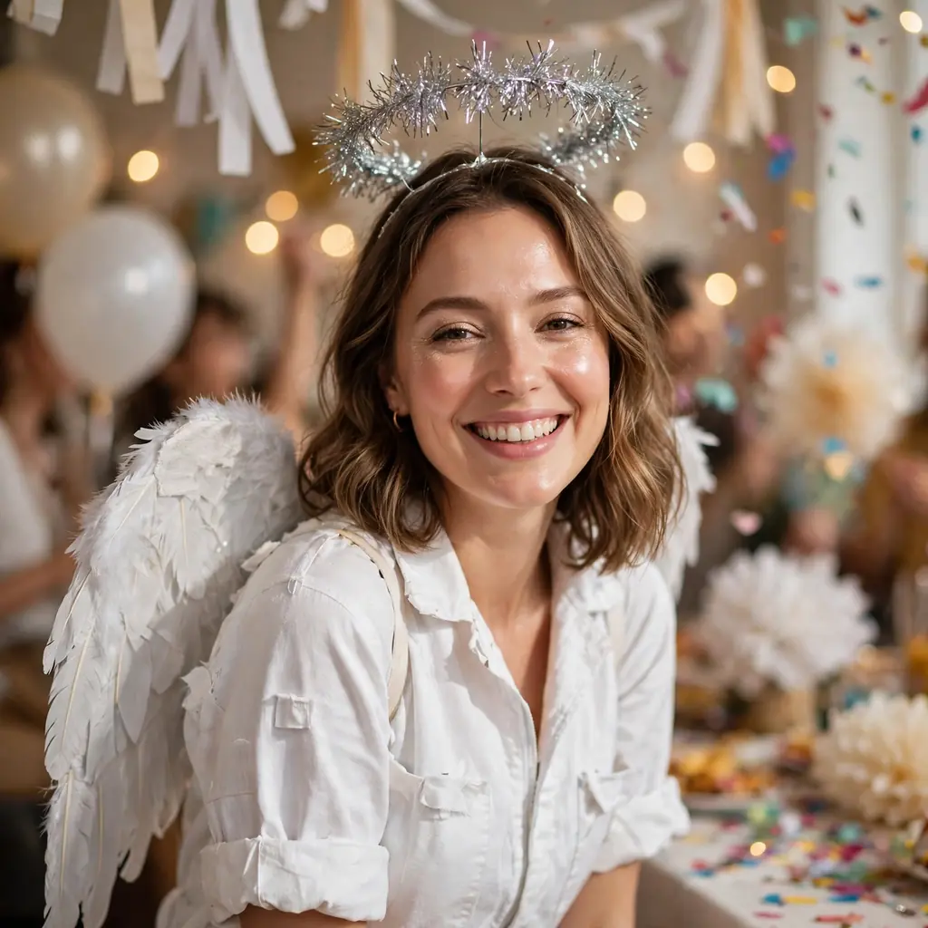 Angel costume with white outfit, tinsel halo and soft makeup