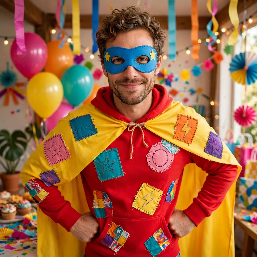 DIY superhero costume with cape, mask and bright colours