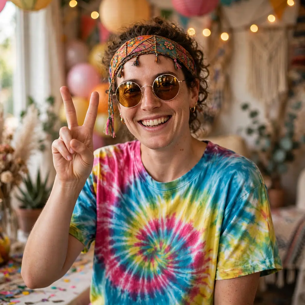 Hippie costume with tie dye, headband, round sunglasses and peace sign