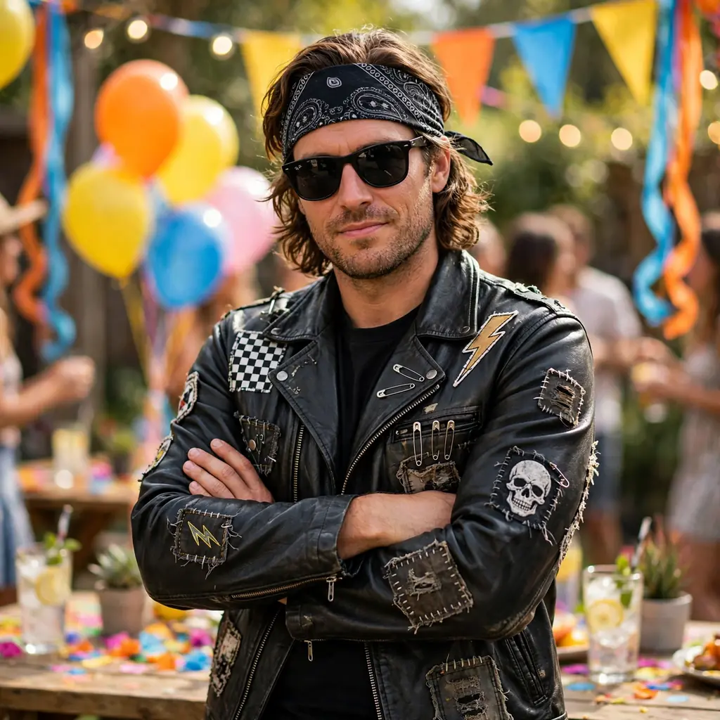 Biker costume with leather jacket, bandana and sunglasses