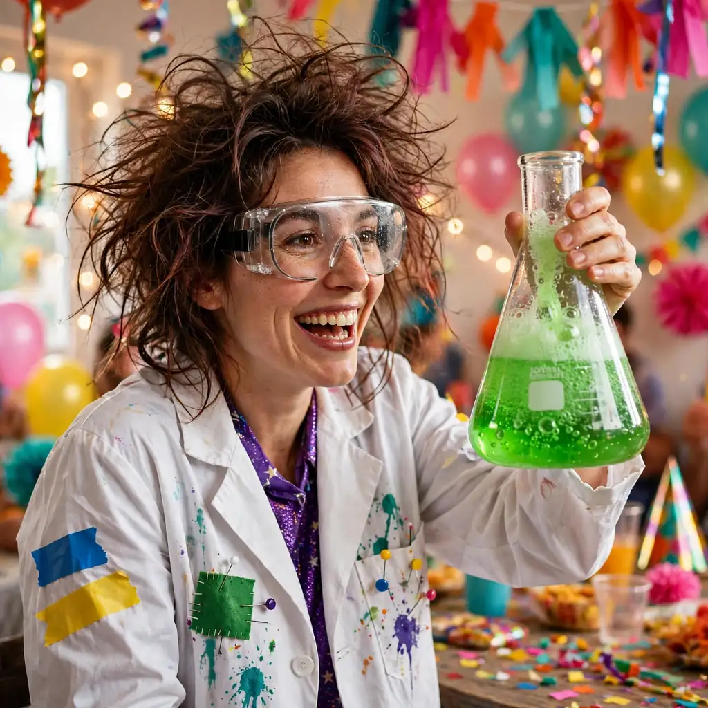 Mad scientist costume with lab coat, wild hair and safety goggles