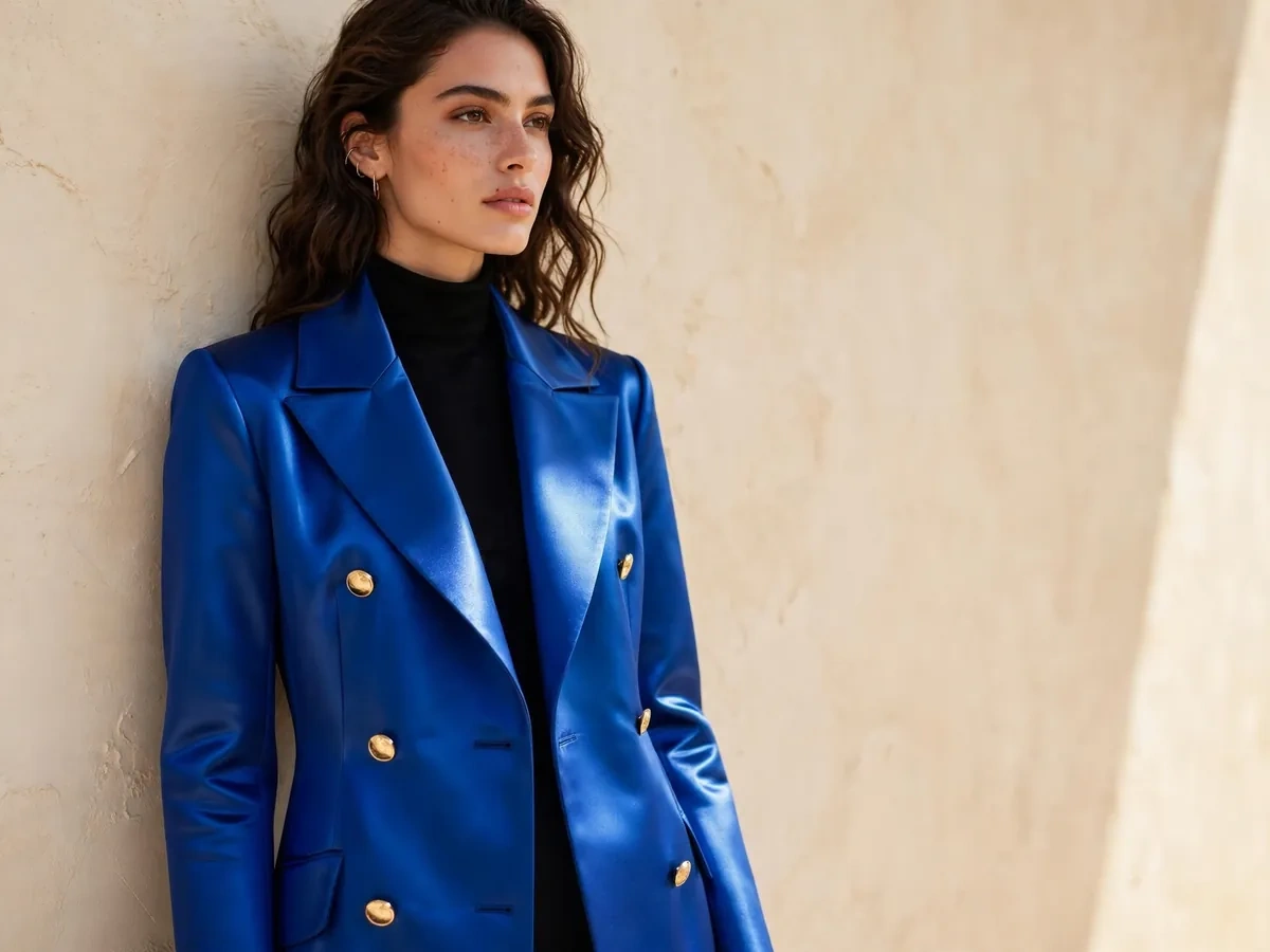 Luminous blue, the WGSN Colour of the Year 2027, worn as a statement coat